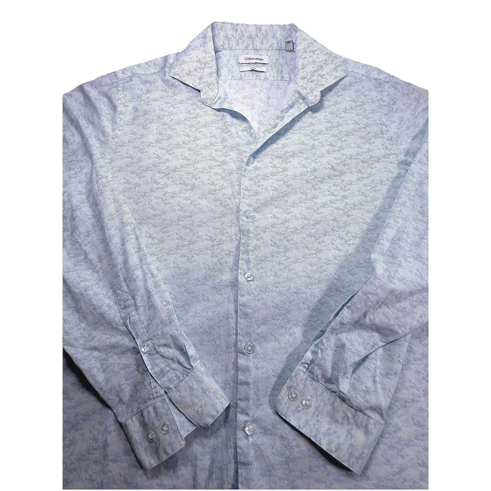Calvin‎ Klein Men's Slim Fit Dress Shirt L 16.5 34/35 Light Blue Patterned